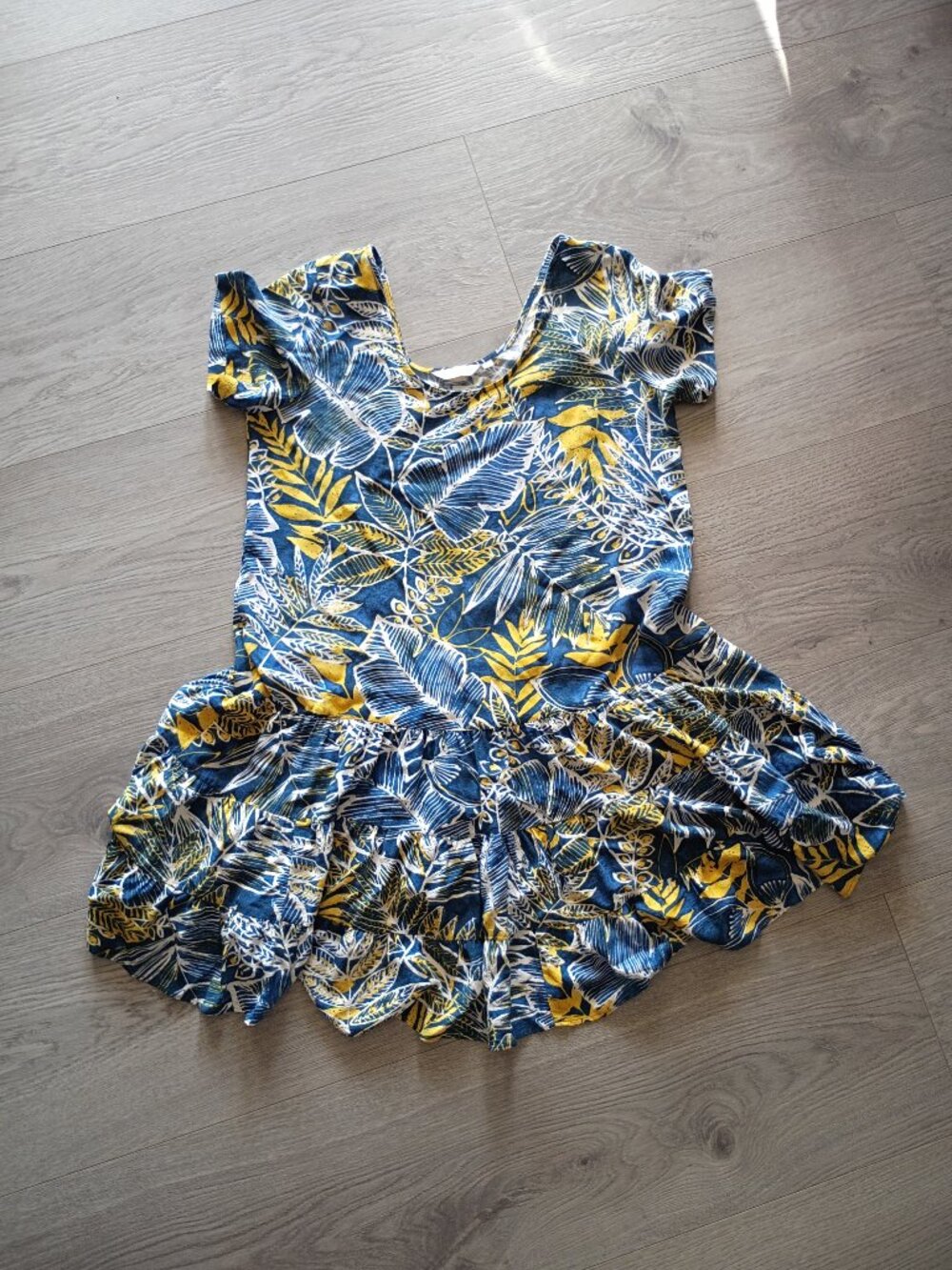 Jams World Waikani Dress Blue Yellow Tropical Tiered Ruffle Hawaii